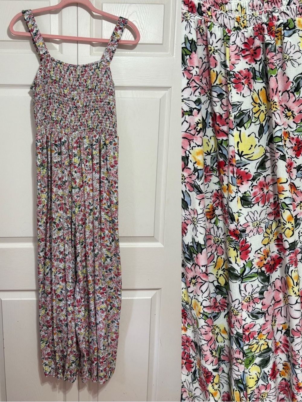 Floral Smocked Jumpsuit - Pink & Yellow Floral